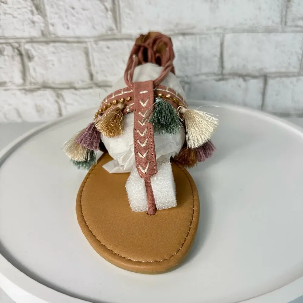 Qupid Archer Sandals Size 6 Boho Faux Leather Tassel Wrap Embroidered Pink